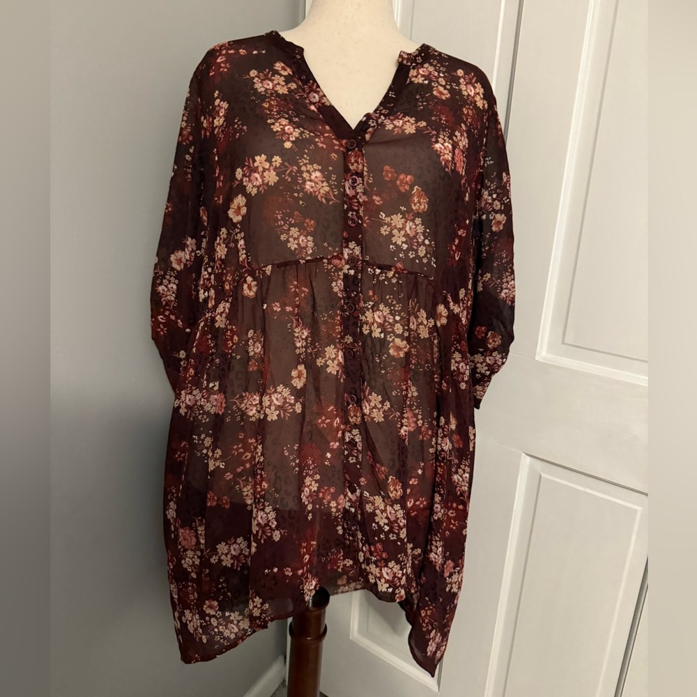 Torrid Dark Red Floral Sheer High-Low Tunic Blouse